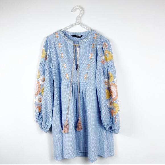 Zara Gingham blue embroidered checkered dress M - Picture 2 of 8